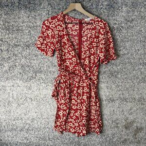 Madewell Romper Womens 4‎ Red Floral Wrap V Neck Short Sleeve Tie Waist Shorts